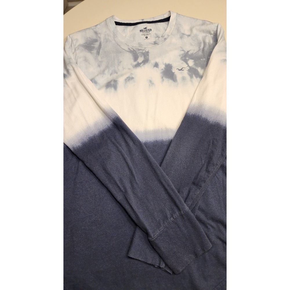 Hollister Long Sleeve Tee Mens Size M Blue White Tie Dye Curved Hem Shirt